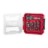 Milwaukee ¼ inch 25 piece Drive Compact Ratchet Set shown in its open 
packout compatible box