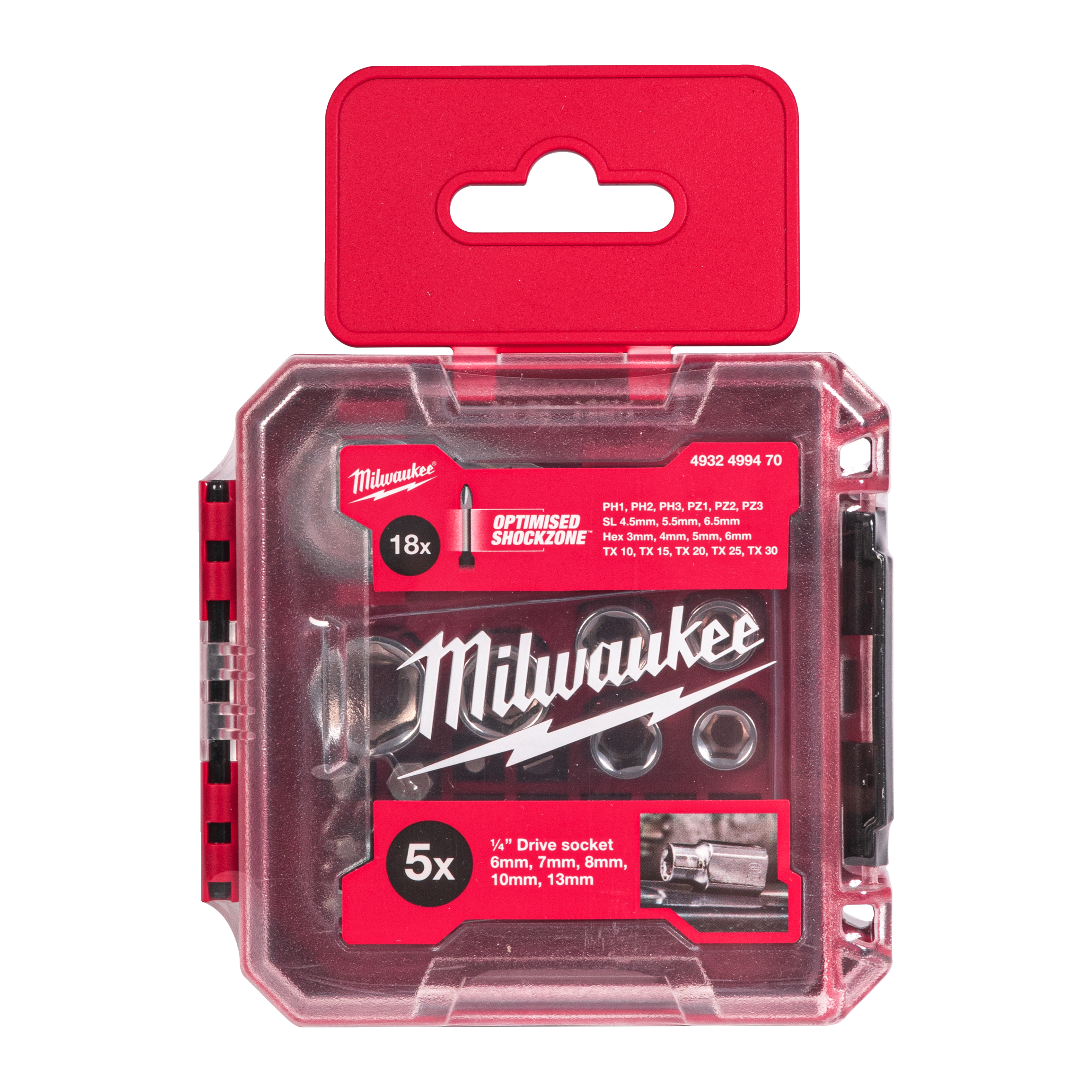 Milwaukee ¼ inch 25 piece Drive Compact Ratchet Set shown in its packout compatible box and packaging.
