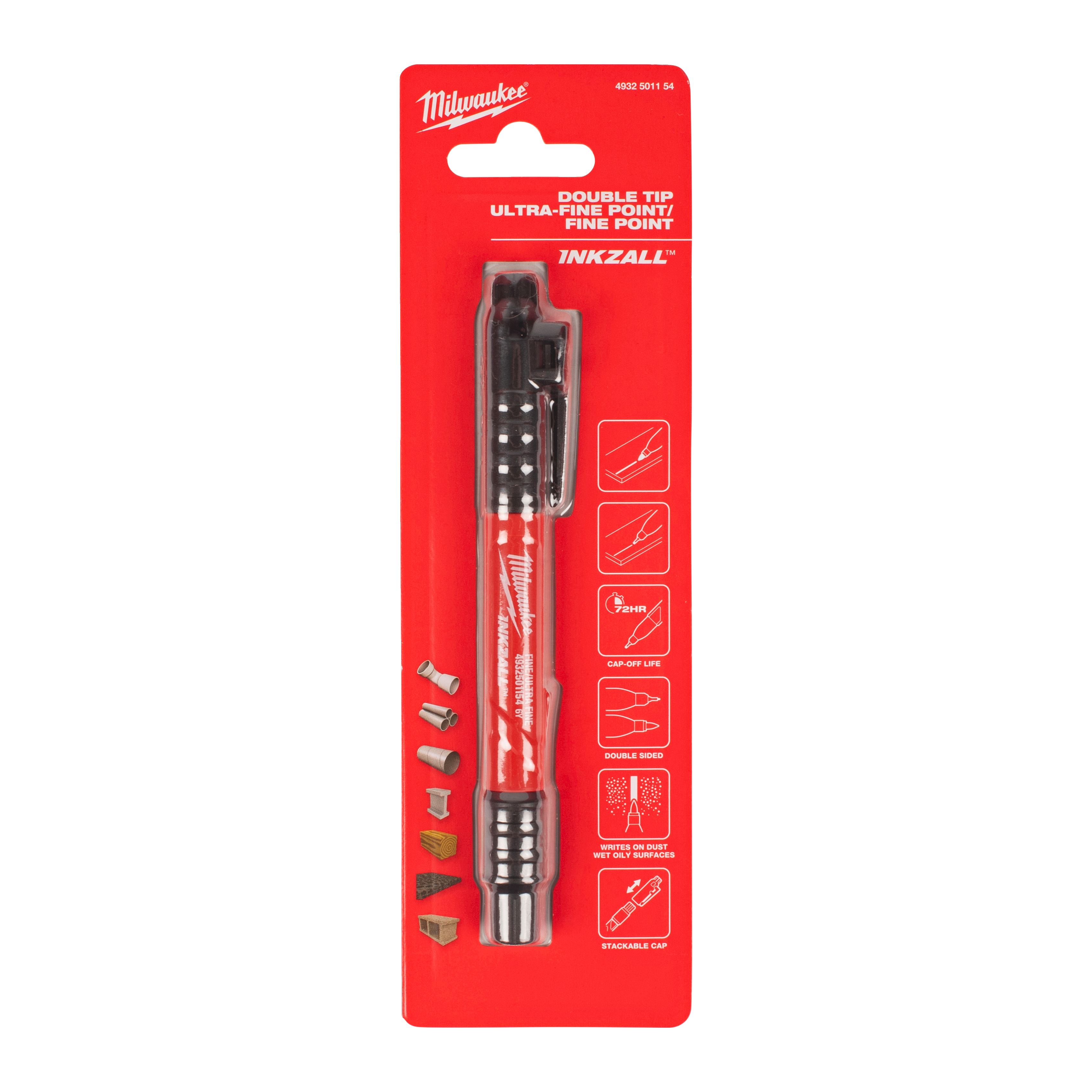 Milwaukee Inkzall pen with interchangeable tips on a red packaging background
