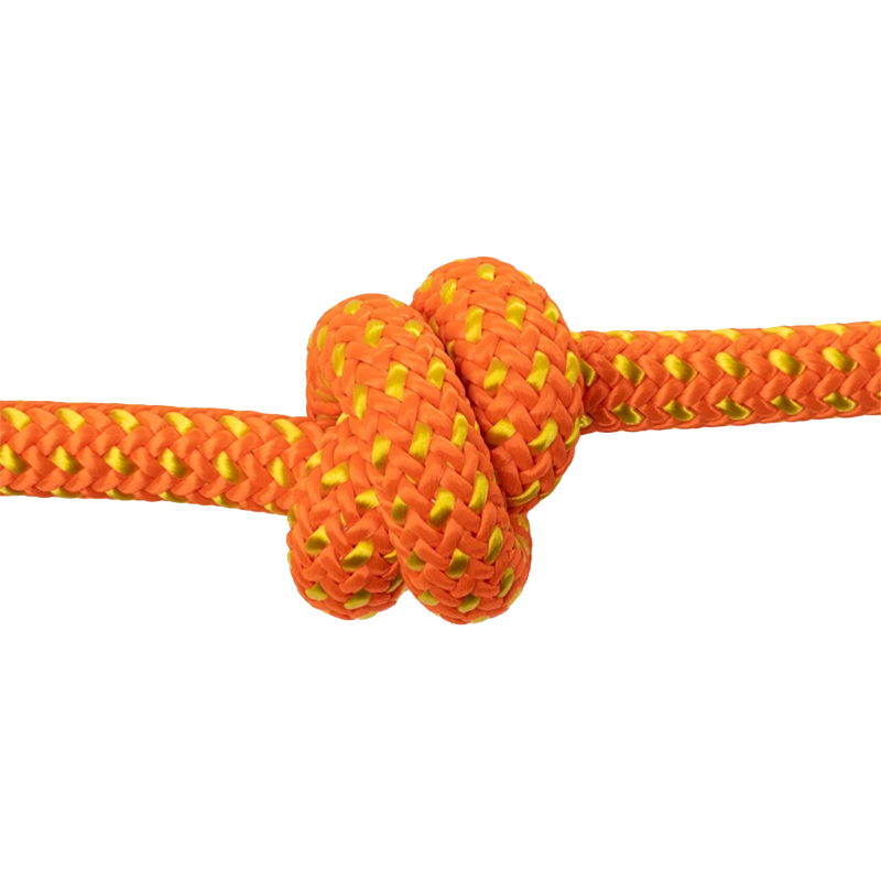 Close-up of an orange rope with a knot on a white background