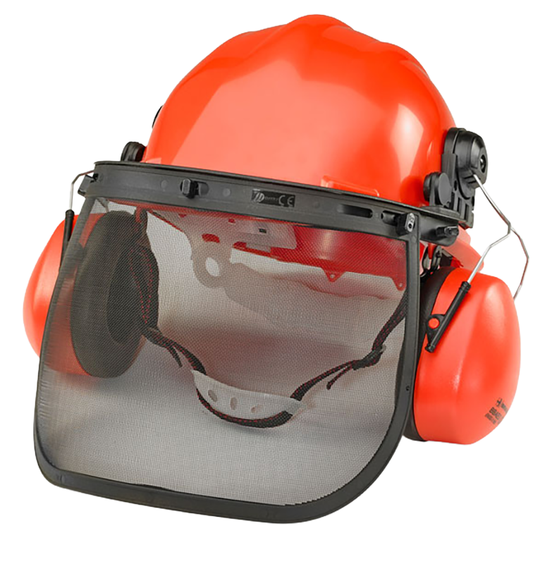 Orange safety helmet with face shield and ear defenders on a white background