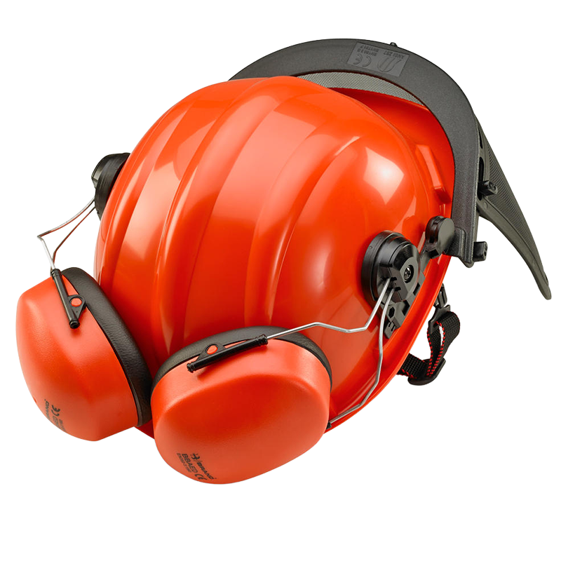 Orange hard hat with black ear protection on a white background