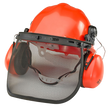 Orange safety helmet with face shield and ear defenders on a white background