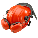 Orange hard hat with black ear protection on a white background