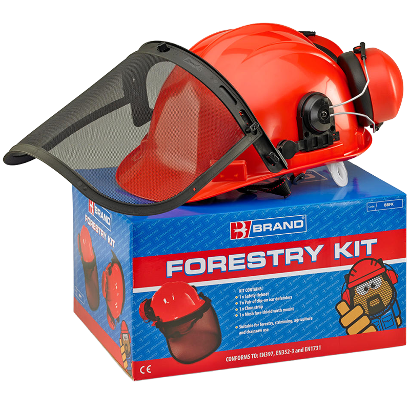 Orange forestry helmet with face shield on a branded forestry kit box