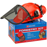 Orange forestry helmet with face shield on a branded forestry kit box