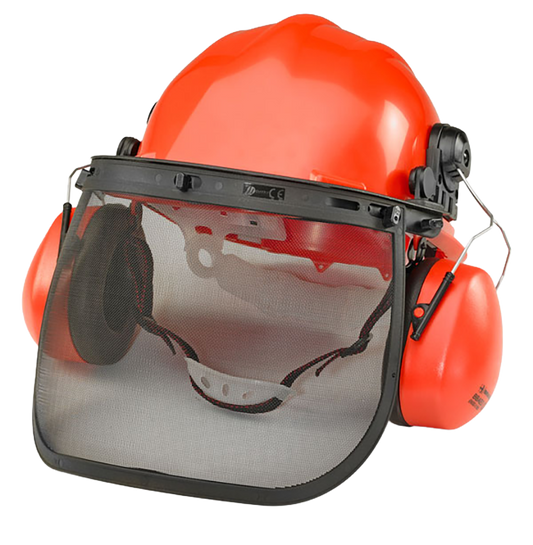 Orange safety helmet with face shield and ear defenders on a white background