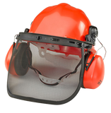 Orange safety helmet with face shield and ear defenders on a white background