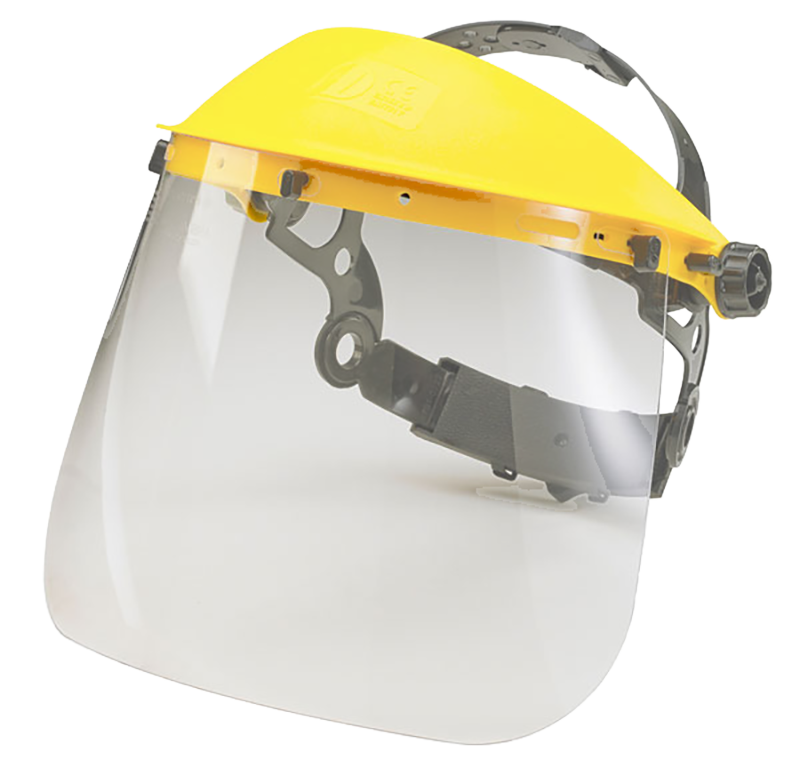 Clear face shield shown with yellow visor carrier on a white background