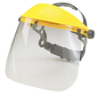 Clear face shield shown with yellow visor carrier on a white background