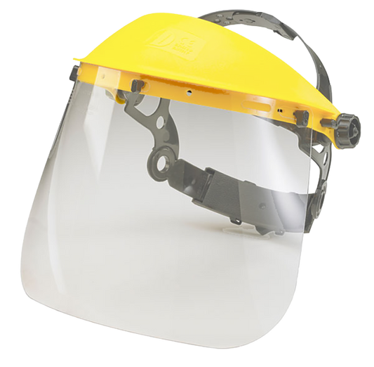 Clear face shield shown with yellow visor carrier on a white background