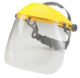 Clear face shield shown with yellow visor carrier on a white background