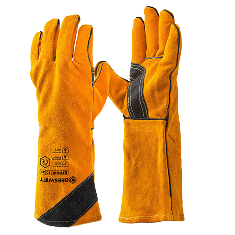 Pair of golden-brown leather gauntlets with black accents on a white background