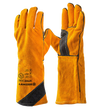 Pair of golden-brown leather gauntlets with black accents on a white background