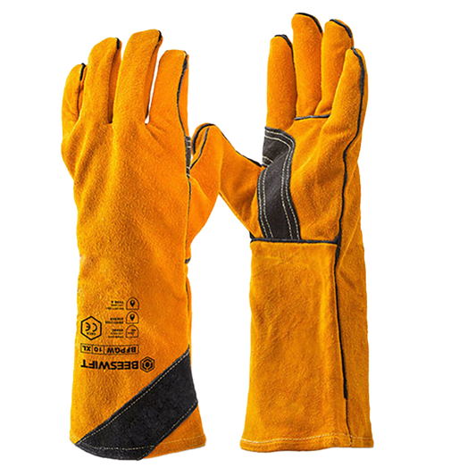 Pair of golden-brown leather gauntlets with black accents on a white background