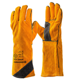 Pair of golden-brown leather gauntlets with black accents on a white background