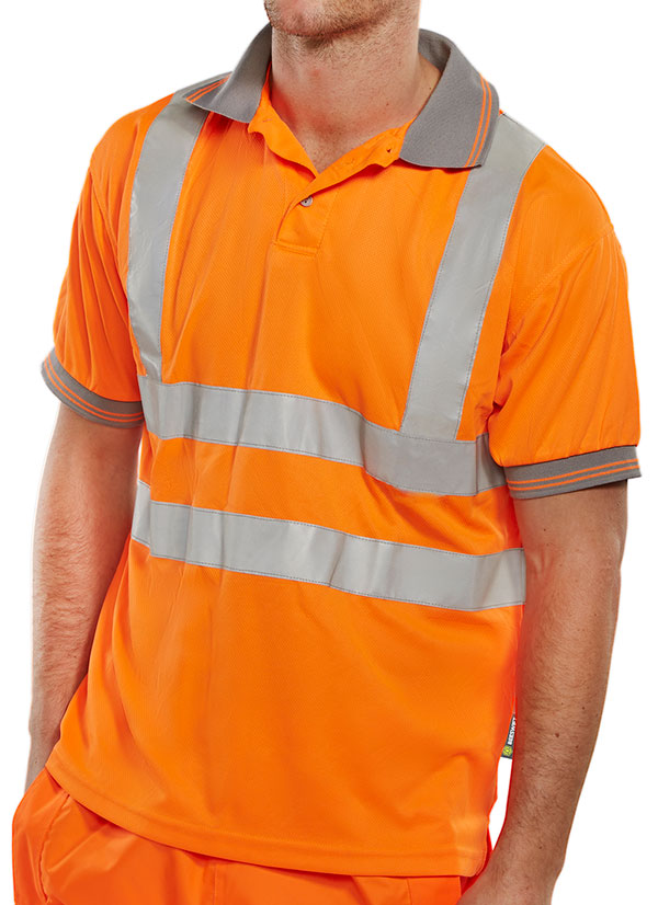 Person wearing an orange high-visibility safety shirt with reflective stripes on a white background
