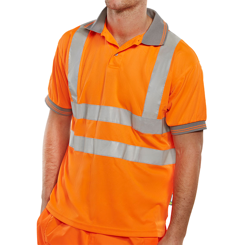 Orange high-visibility polo shirt with reflective stripes on a white background