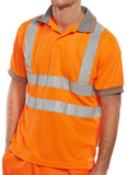 Person wearing an orange high-visibility safety shirt with reflective stripes on a white background