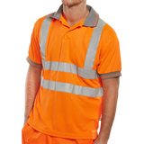 Orange high-visibility polo shirt with reflective stripes on a white background