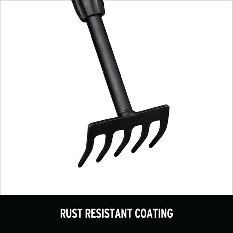 Black garden rake with rust resistant coating on a white background