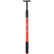Red and black garden tool with a black handle on a white background