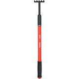 Red and black garden tool with a black handle on a white background