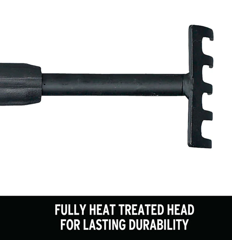 Black gardening tool with text 'Fully heat treated head for lasting durability' on a white background