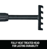 Black gardening tool with text 'Fully heat treated head for lasting durability' on a white background