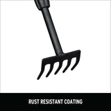 Black garden rake with rust resistant coating on a white background