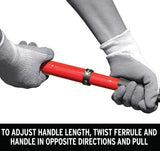 Person adjusting a red handle with a ferrule using gray gloves on a white background.