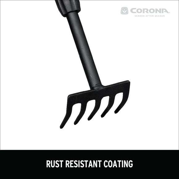 Black garden rake with rust-resistant coating on a white background, featuring the Corona brand.