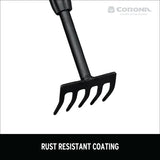 Black garden rake with rust-resistant coating on a white background, featuring the Corona brand.