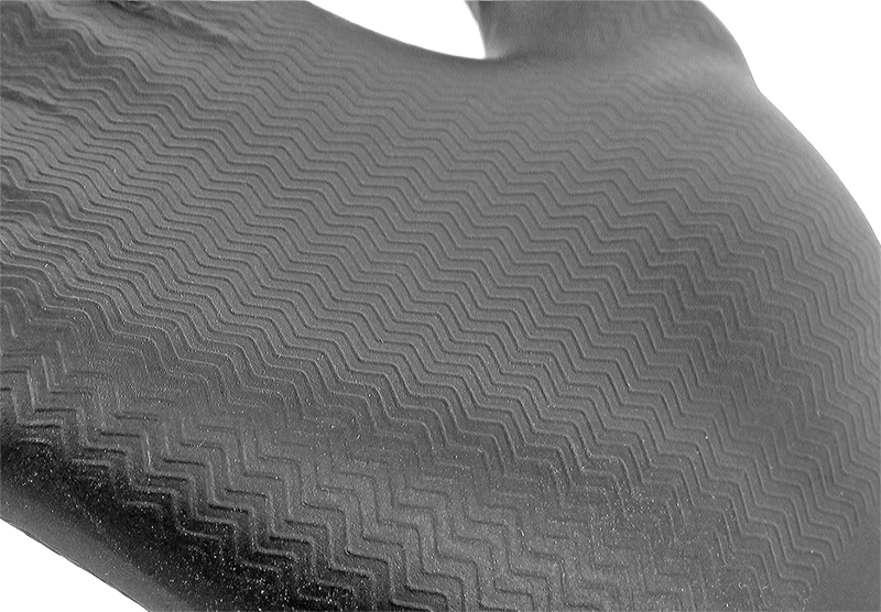 Close-up of a textured black glove palm with a subtle pattern on a white background