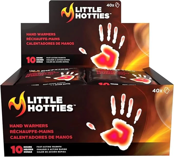 Box of Little Hotties hand warmers with branding and product details.