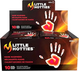 Box of Little Hotties hand warmers with branding and product details.