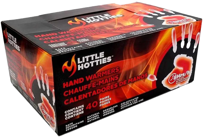 Box of Little Hotties hand warmers with fiery design and product details.