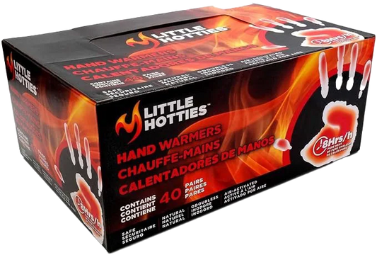 Box of Little Hotties hand warmers with fiery design and product details.