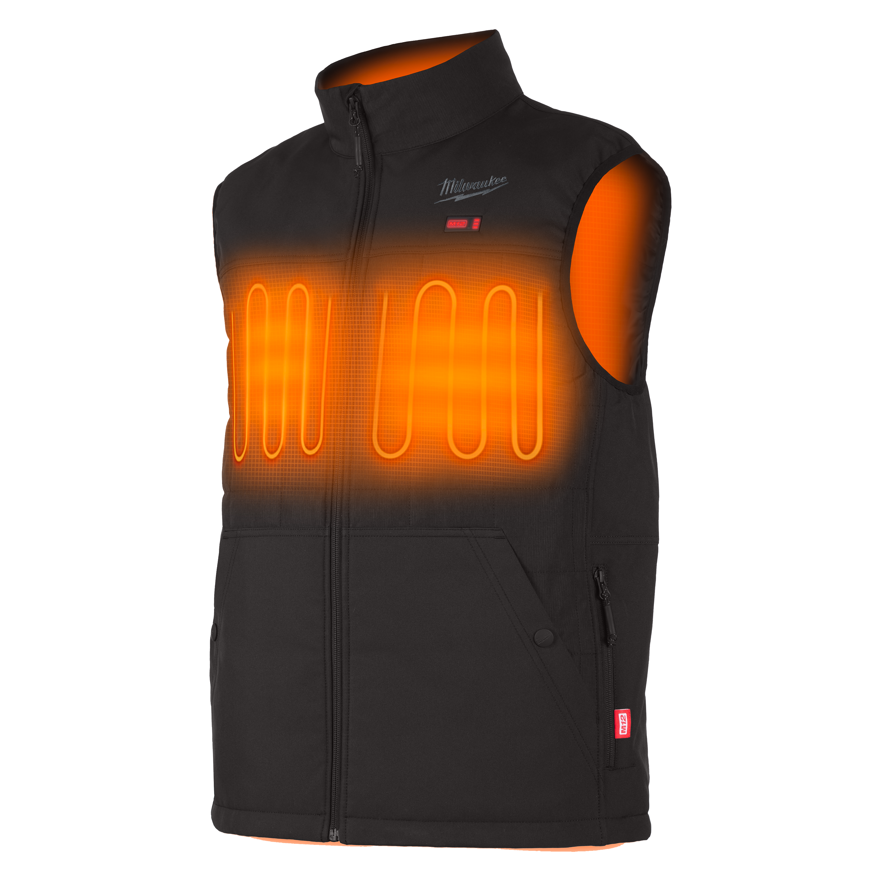 Black heated vest with glowing orange heating elements