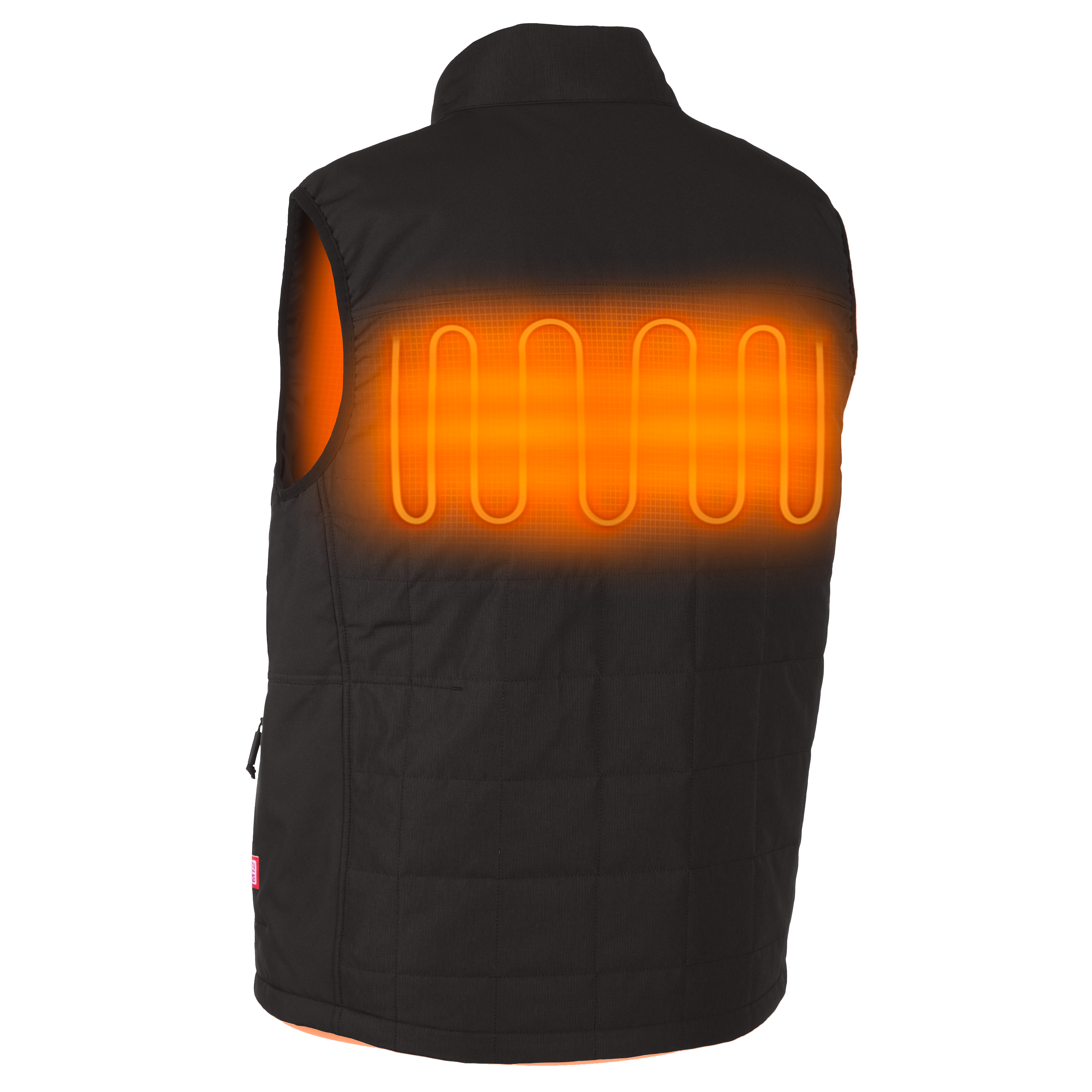 Black heated vest with glowing orange heating element