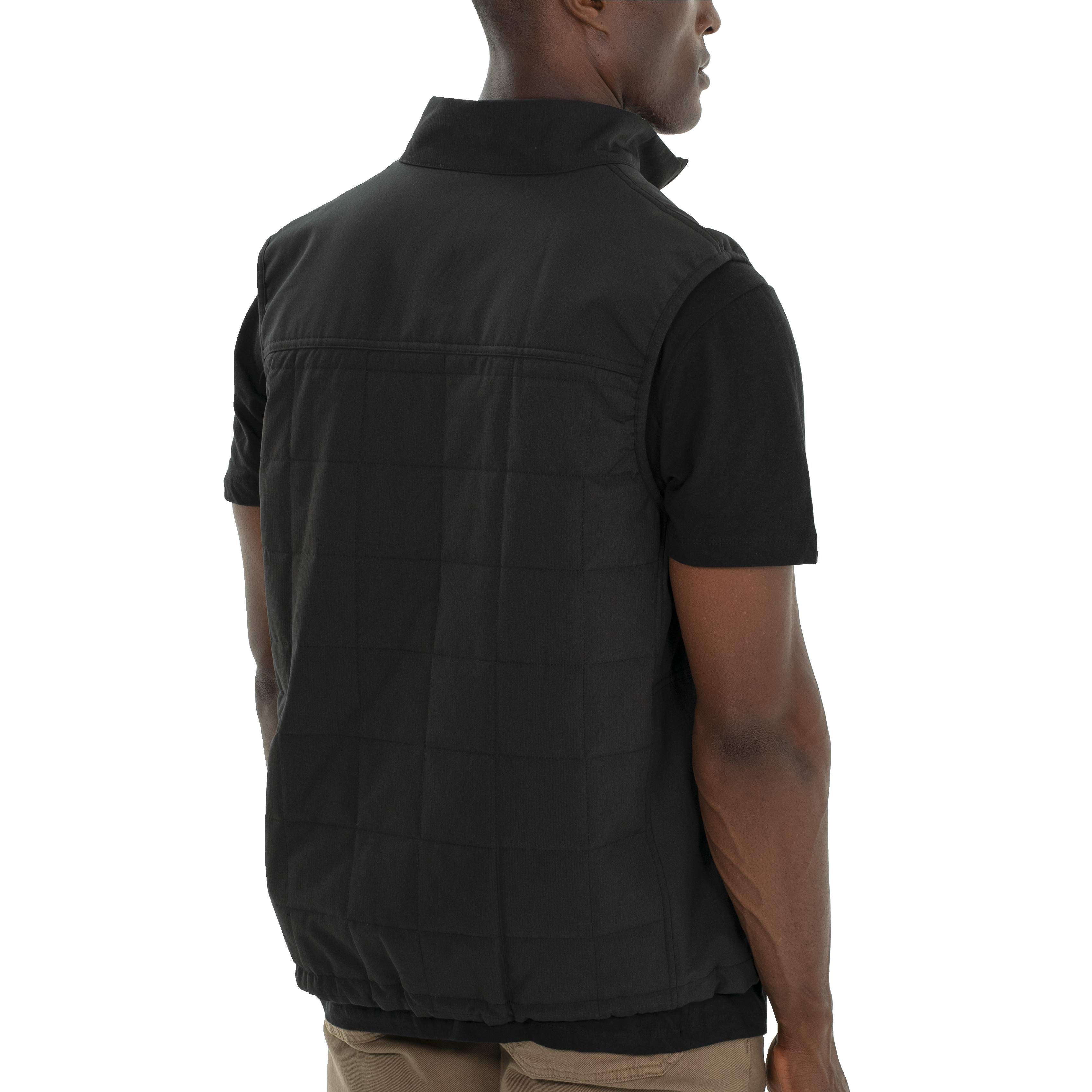Person wearing a black vest over a black shirt