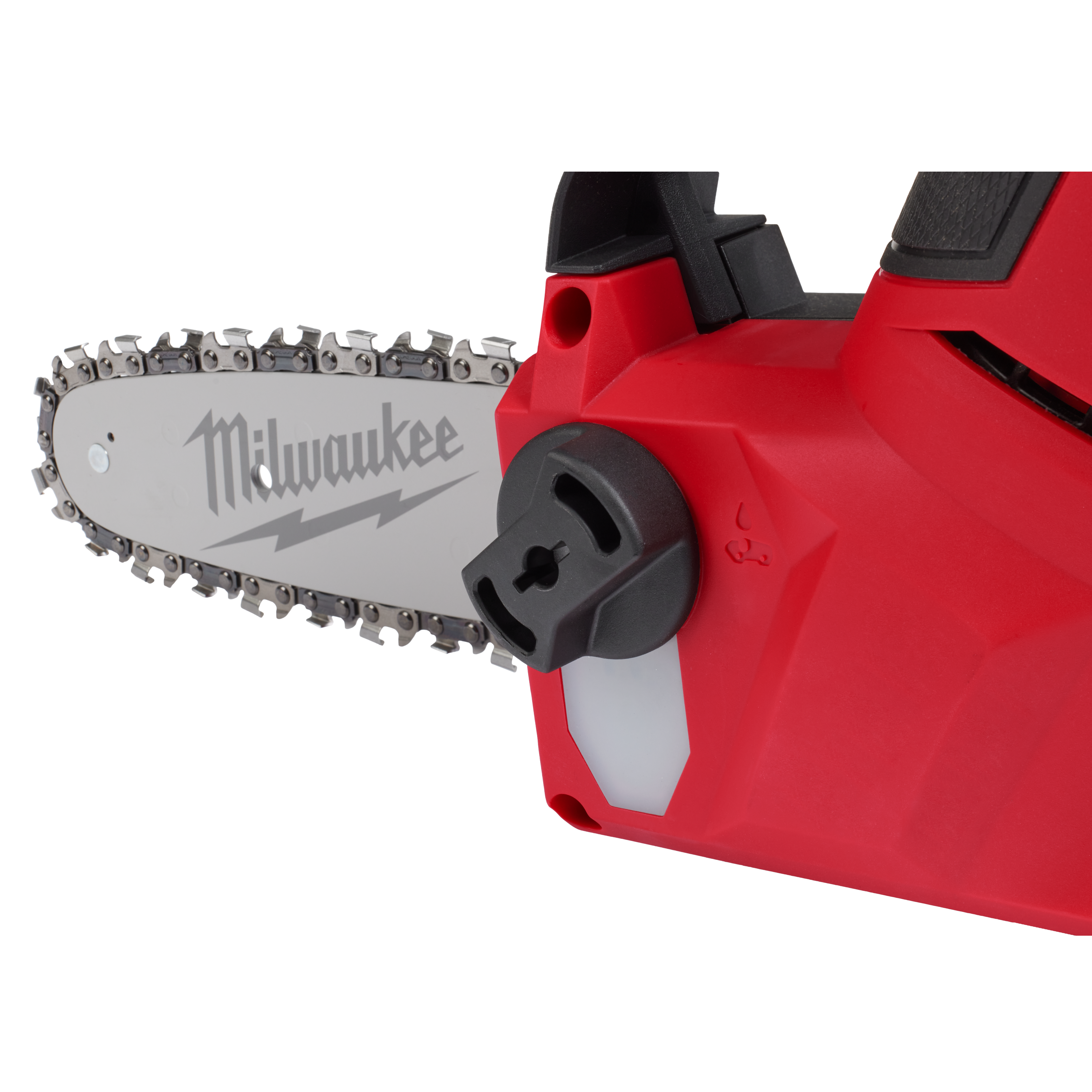 Red chainsaw with Milwaukee logo