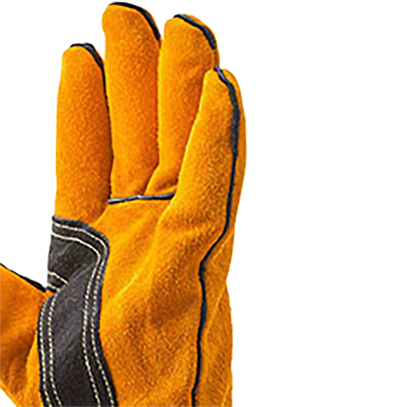 Close-up of leather gauntlet with black accents on a white background