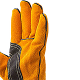 Close-up of leather gauntlet with black accents on a white background