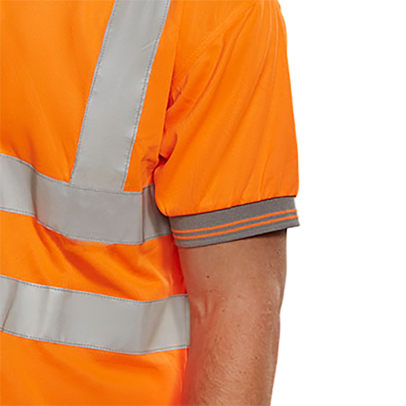 Close-up of a high visibility  orange safety polo shirt sleeve with reflective stripes on a white background