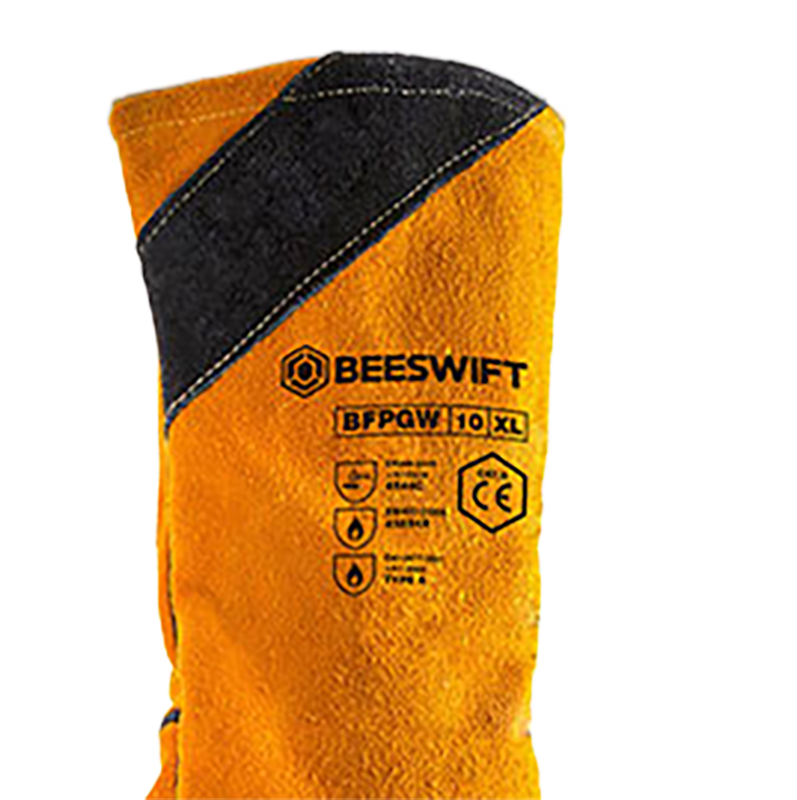 Gauntlet sleeve with black top corner featuring Beeswift branding and product details on a white background