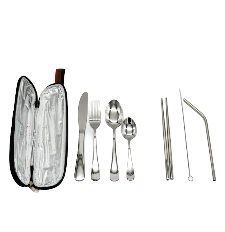Set of silver cutlery and straws with a carrying case 