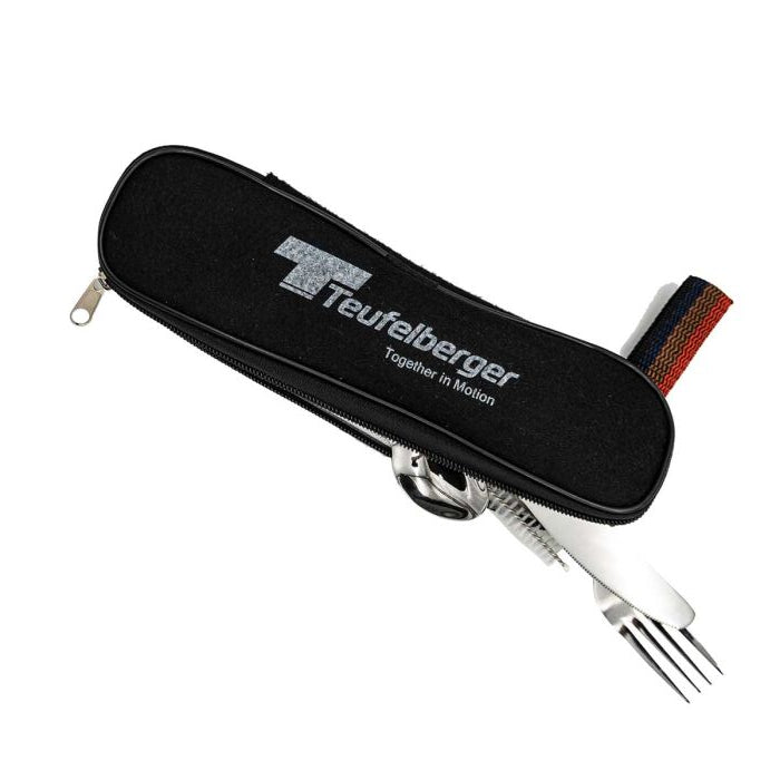 Teufelberger cutlery set with black case on a white background