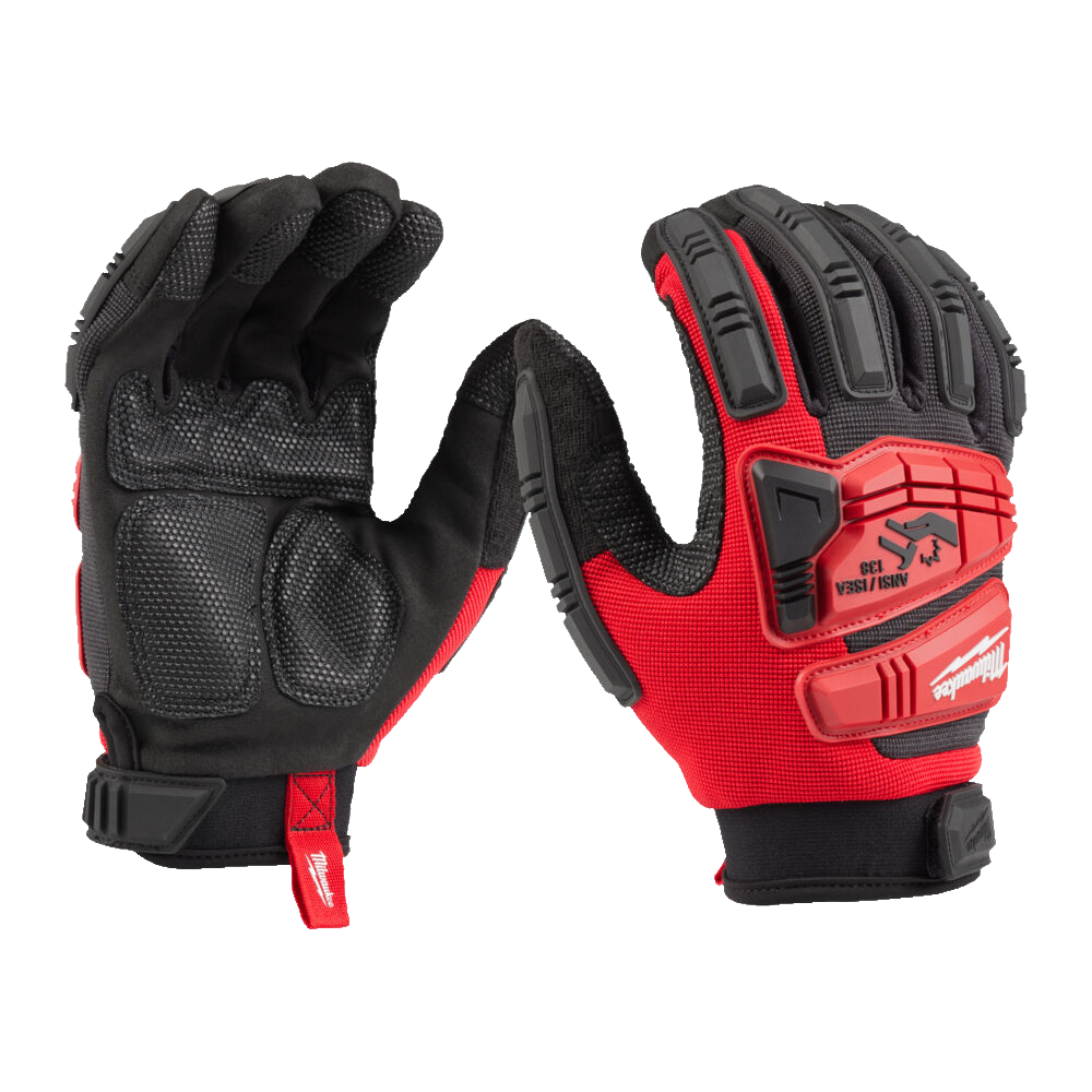 A pair of black and red gloves with a visible brand logo