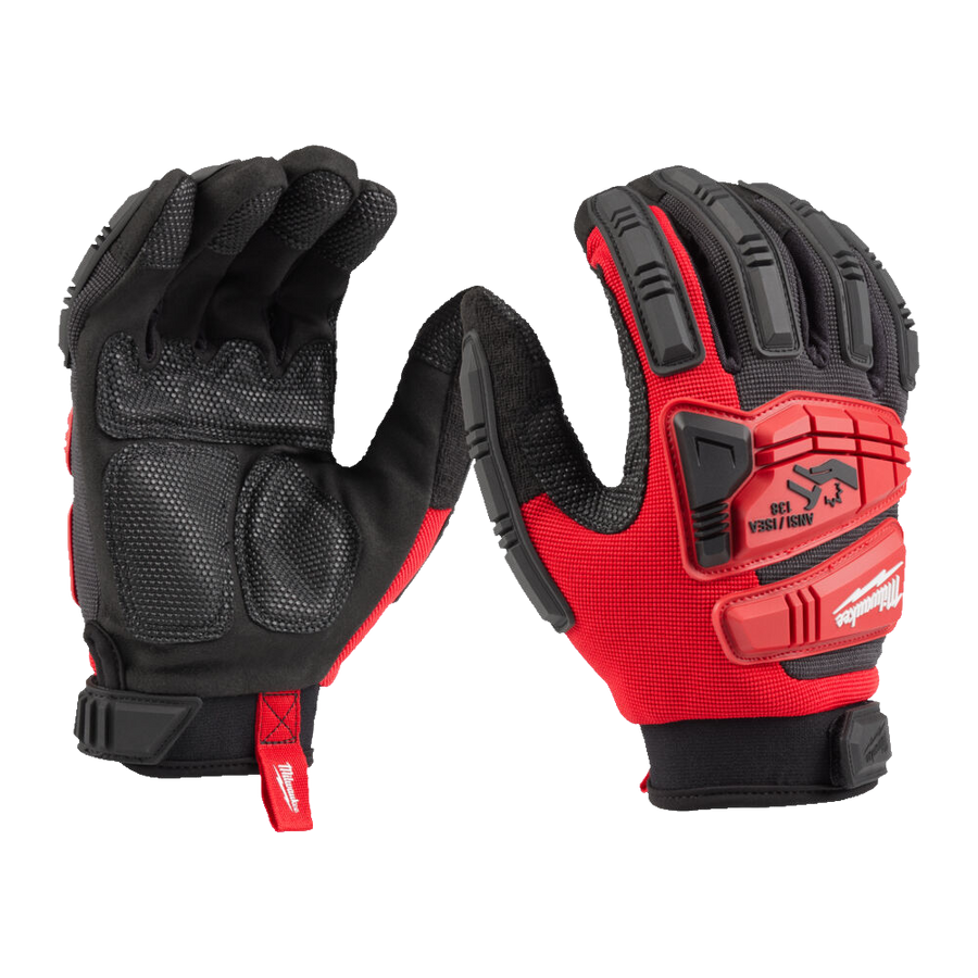A pair of black and red gloves with a visible brand logo